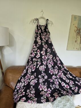 Women's Black Maxi Dress with Pink Floral Print